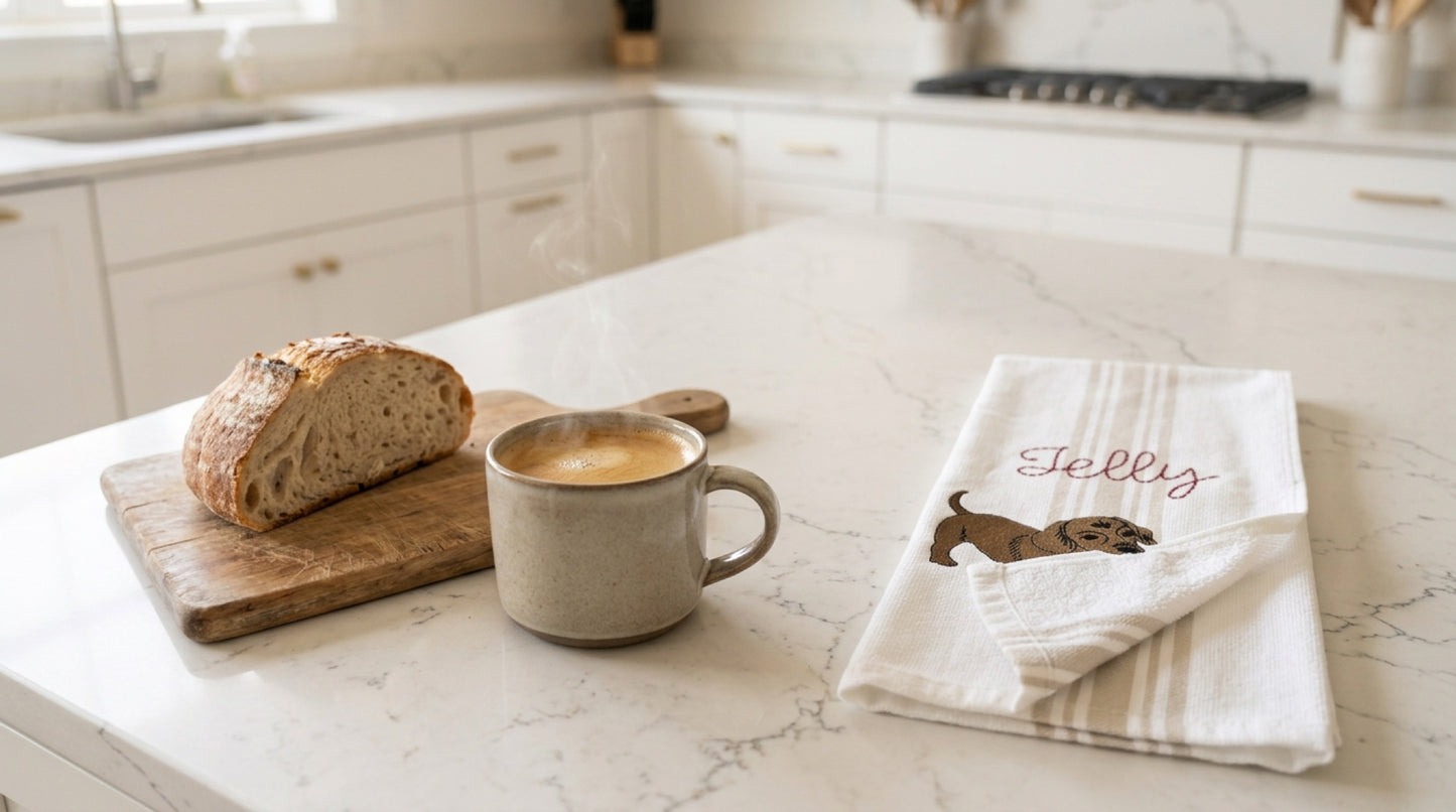 The towel on the counter beside morning coffee