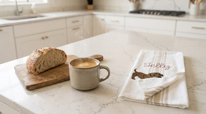 The towel on the counter beside morning coffee