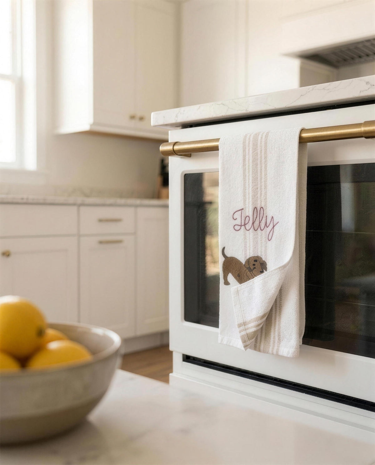 The towel draped over an oven door handle