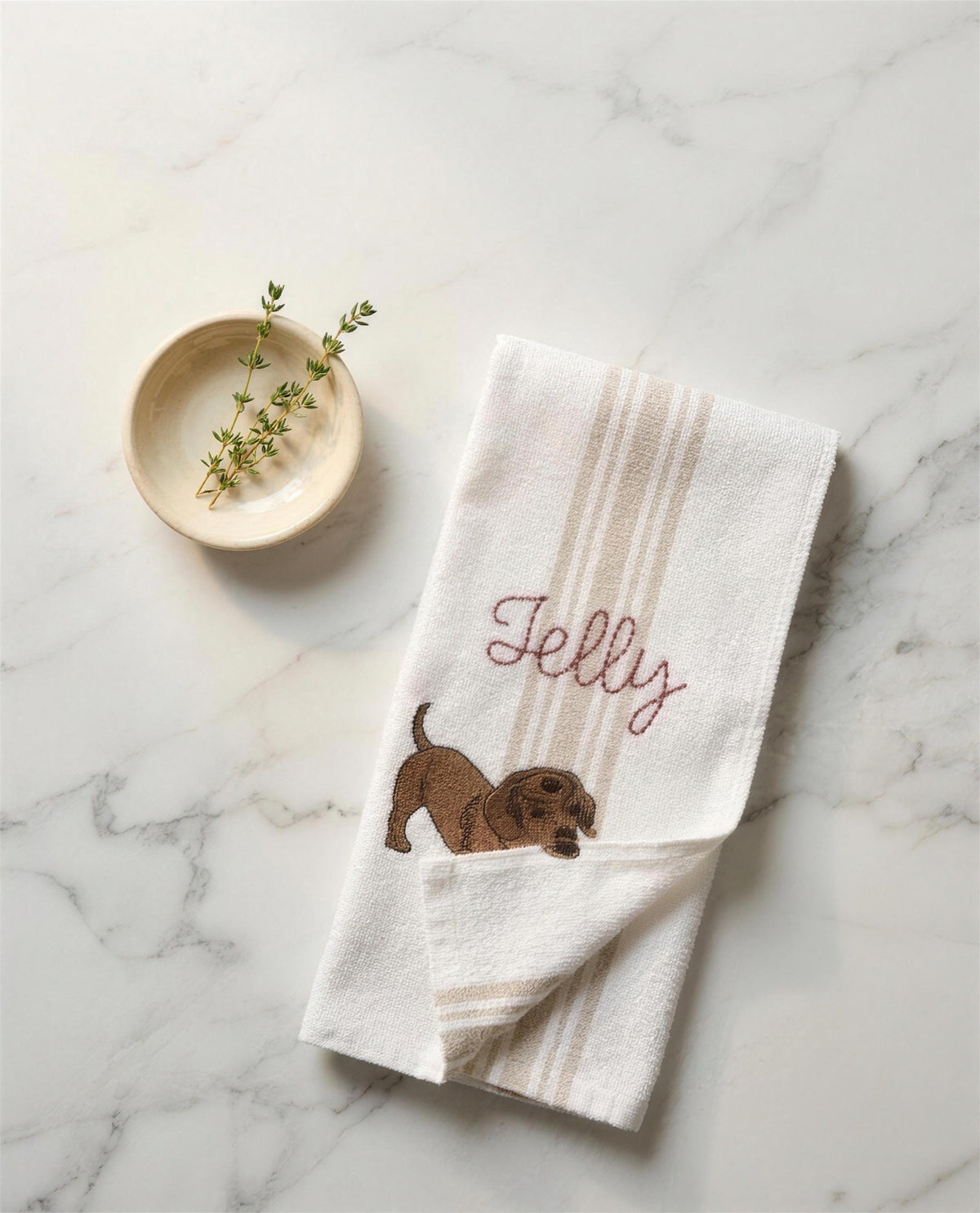 Overhead flat lay of the folded towel on marble